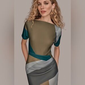 Donna Karen SHORT SLEEVE COLOR-BLOCK MIDI SHEATH DRESS